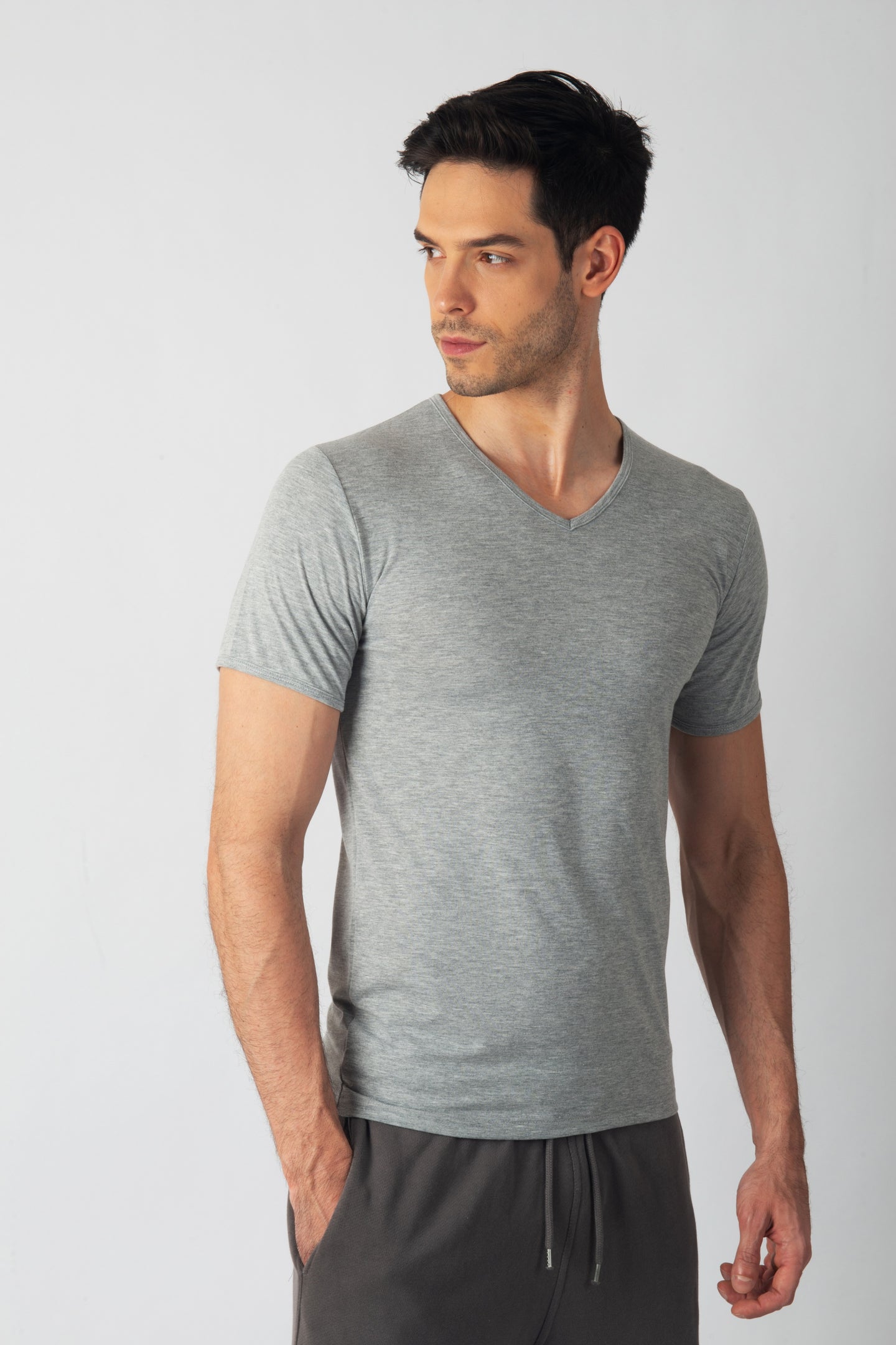 Pack 3 T-shirts Col V Gris Homme en Coton