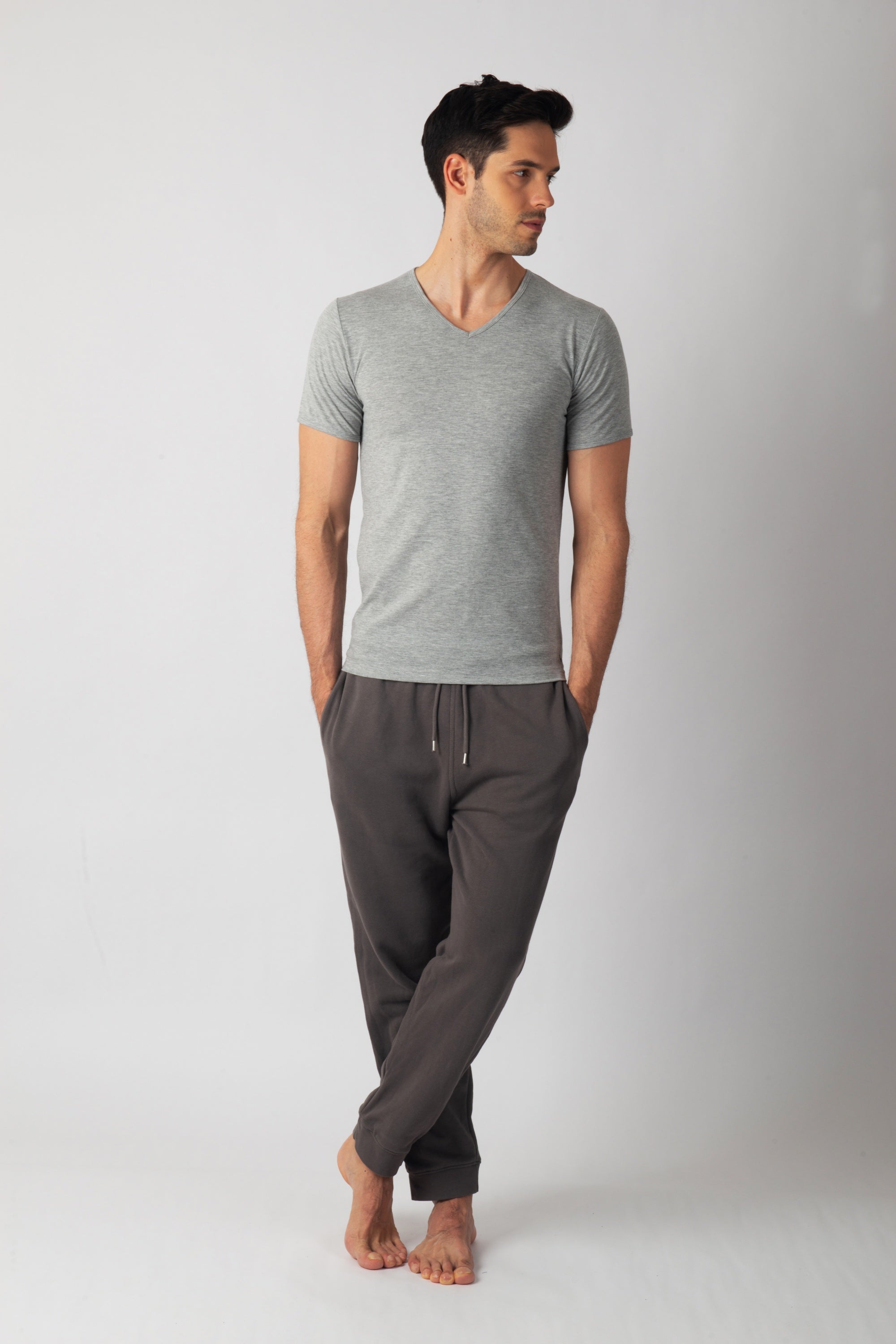 Pack 3 T-shirts Col V Gris Homme en Coton